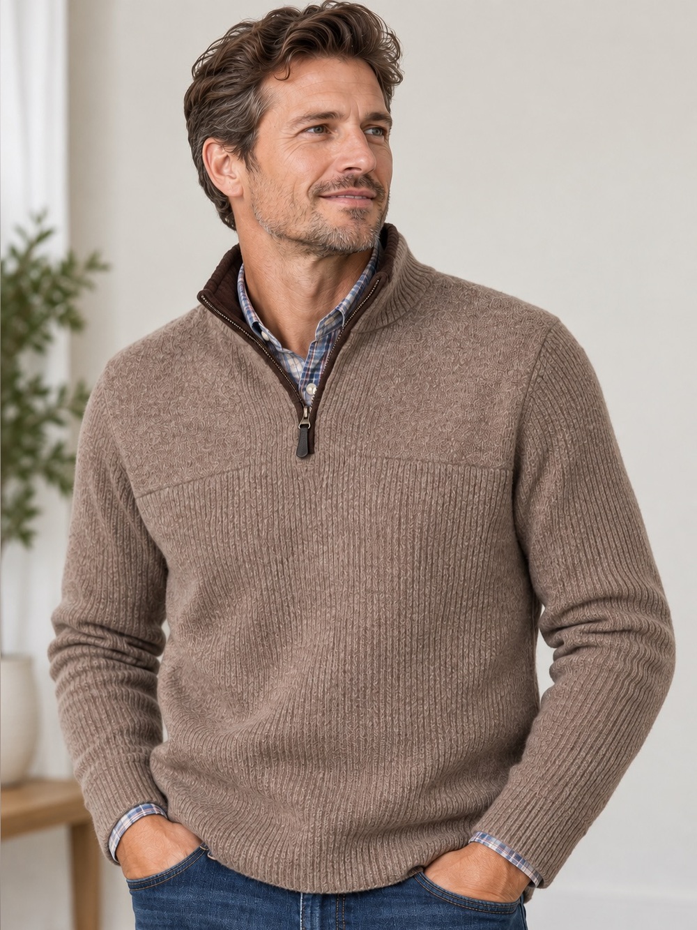 L.L.Bean Men’s M/L 100% Merino Lambswool Quarter Zip Sweater Brown Thick Warm